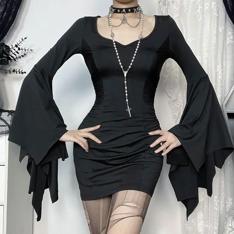 Ruched long flared sleeve v neck solid mini dress Comfortable Linen Mini Dress