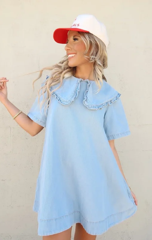 Ruffle Collared Denim Mini Dress Stylish Ribbed Mini Dress