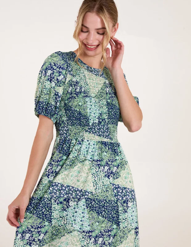 Shirred Bust Puff Sleeve Patchwork Mini Dress Chic Pleated Mini Dress
