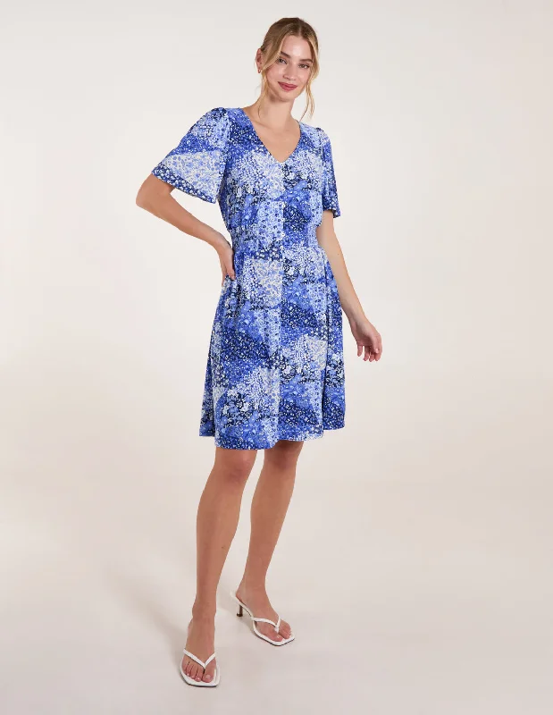 Shirred Waist Button Front Patchwork Mini Dress Chic Halter Mini Dress