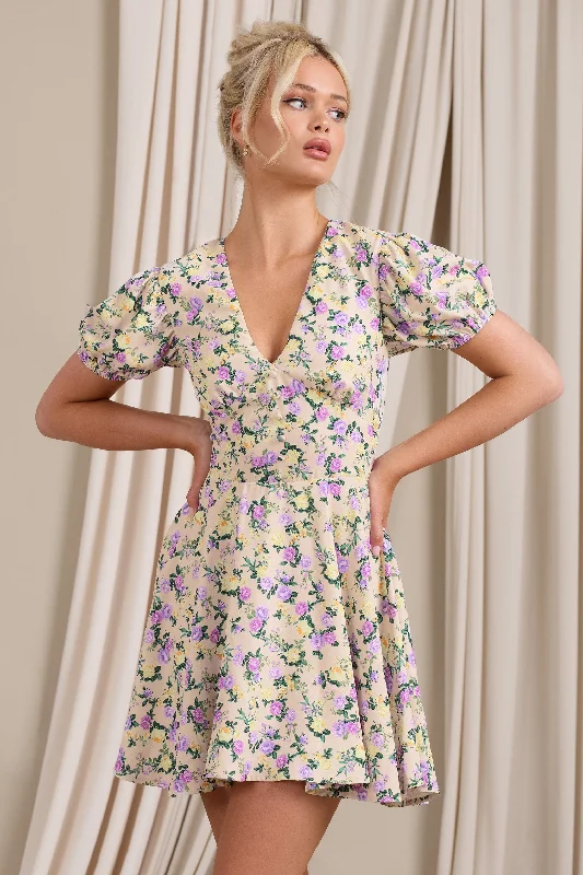 Si Si | Yellow Floral V-Neck Puff-Sleeved Buttoned Mini Dress Cozy Knit Mini Dress