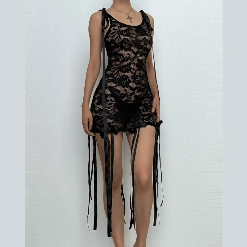 Sleeveless u neck lace bowknot knotted ribbon see through mini dress Casual Mini Dress with Pockets