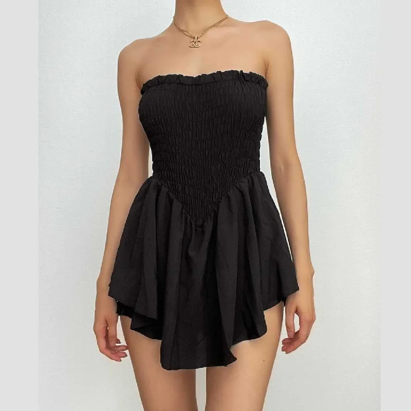 Smocked ruched solid ruffle backless tube mini dress Fashionable Mini Dress with Slits