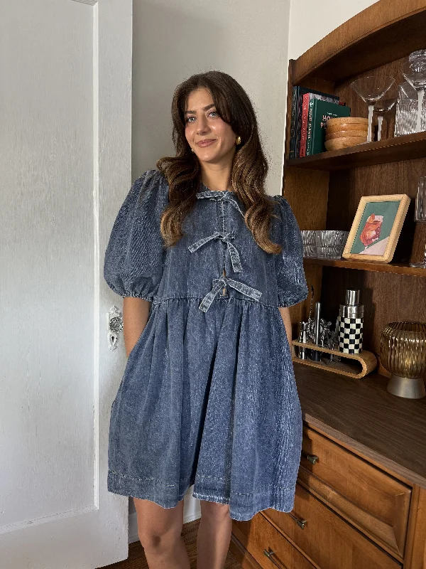 Sofie the Label Gabby Tie Top Puff Sleeve Mini Dress (Denim) Casual High-Waist Mini Dress Sofie the Label Gabby Tie Top Puff Sleeve Mini Dress (Denim) Casual High-Waist Mini Dress