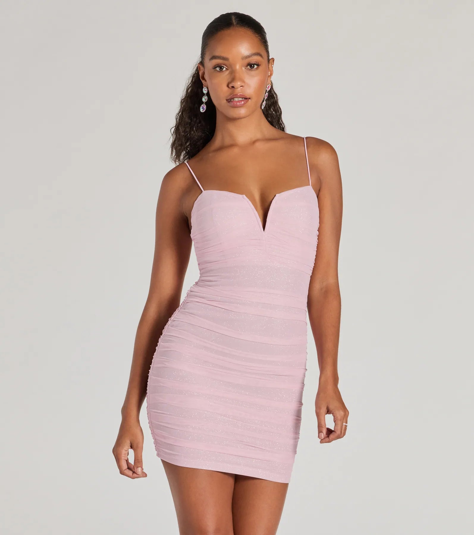 Sparkling Glow V-Neck Bodycon Glitter Mini Dress Chic Tropical Mini Dress