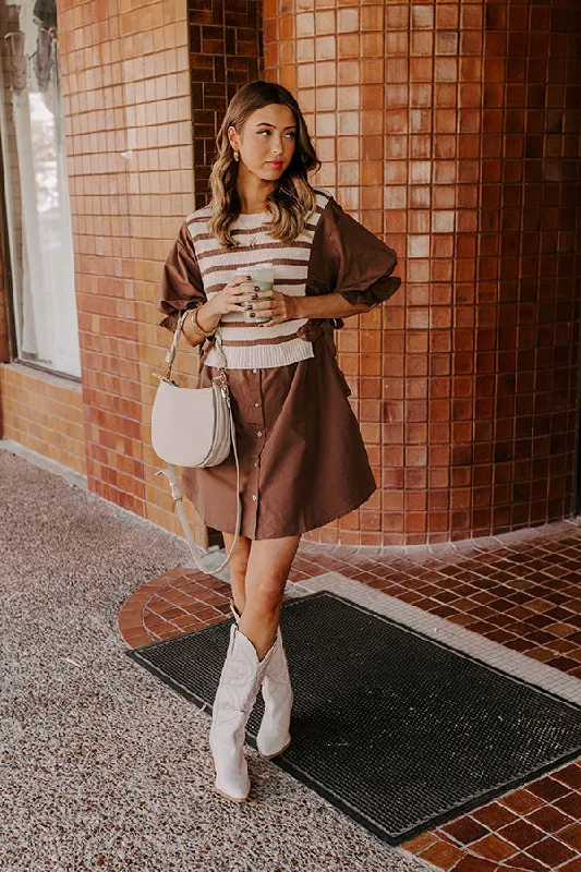 Sweet As Can Be Stripe Mini Dress in Mocha Fashionable Mini Dress with Slits