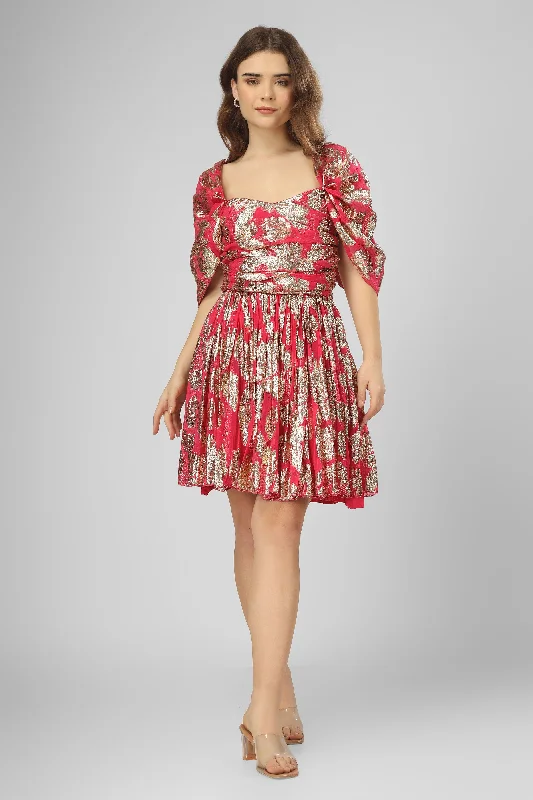Sydney Metallic Printed Mini Dress in Fuchsia Trendy Off-Shoulder Dress Mini
