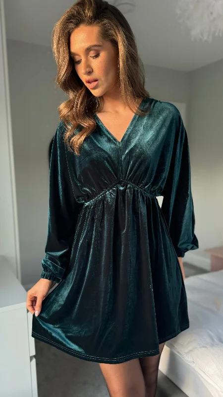 Triana Forest Green Velvet V Neckline Mini Dress Stylish Puff Sleeve Mini Dress