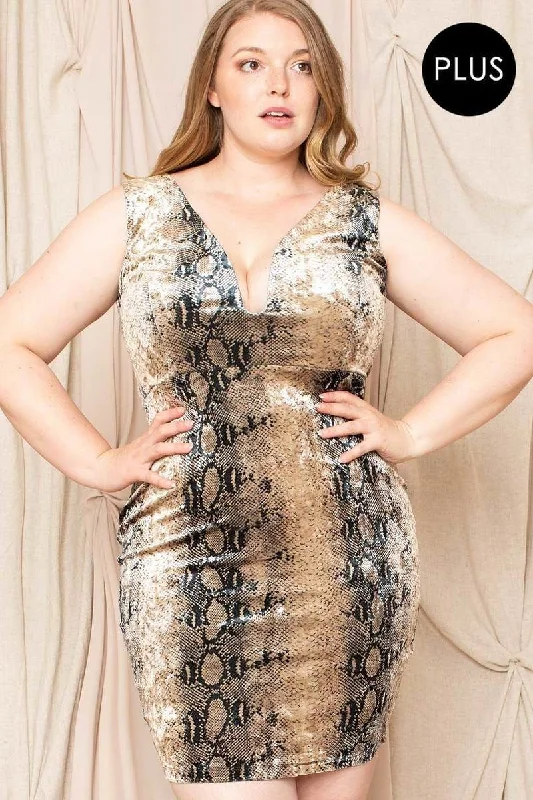Velour Snake Print Plus Mini Dress in Mocha Trendy Denim Mini Dress
