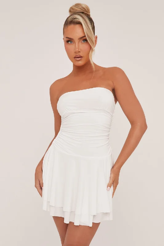 White Bandeau Ruched Skater Mini Dress - Sifan Elegant Velvet Mini Dress