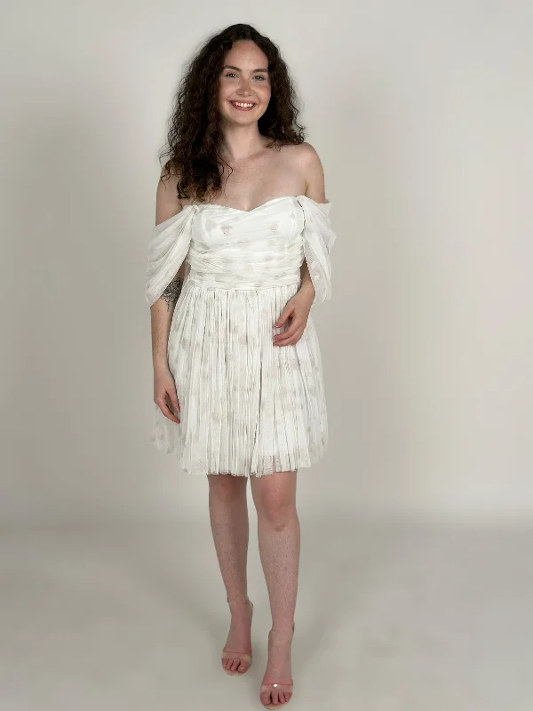 White Off Shoulder Ruched Mini Dress Chic Tropical Mini Dress