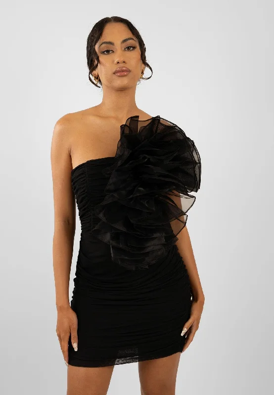 Yila Ruched Bodycon Mini Dress with Mesh Flower Design Comfortable Fit-and-Flare Mini Dress