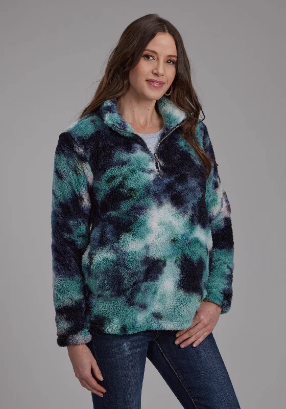 2260 BLUE TIE DYE POLAR FLEECE JACKET Boat Neck Shawl Collar Notched Collar
