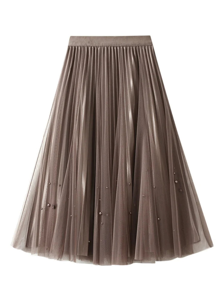 BEADED PLEATED SKIRT HIGH WAIST GAUZE SKIRT denim skirt classic