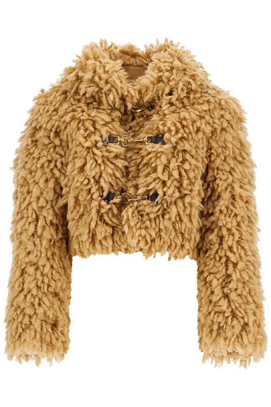 Cropped Faux Fur Effect Jacket  - Beige Satin Fabric Silk Fabric Chiffon Fabric