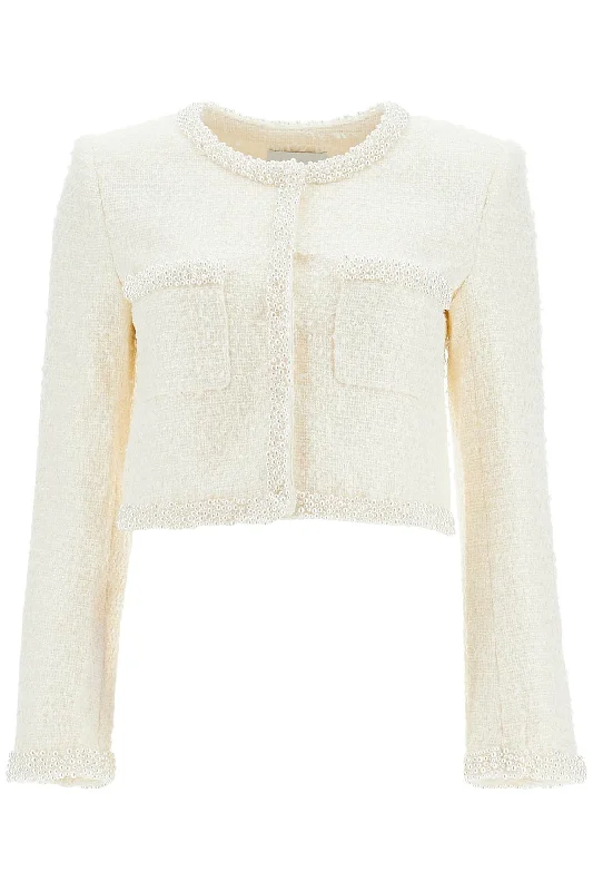Bouclã© Jacket With Pearls And  - White Knit Fabric Woven Fabric Fleece Fabric