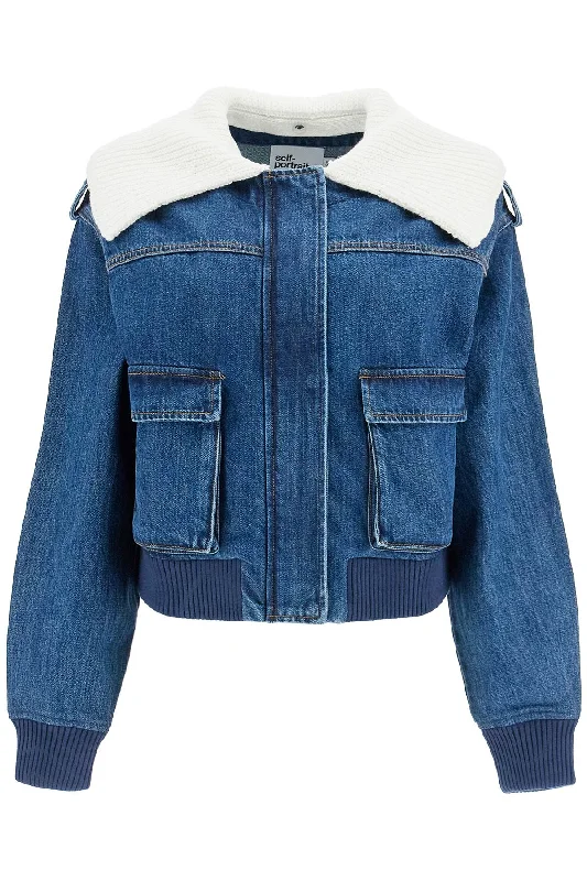 Denim Bomber Jacket For  - Blue Hoodie Zip-Up Jacket Button-Up Jacket