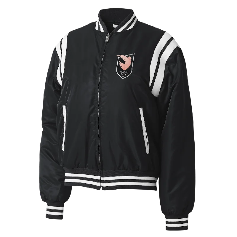 Angel City FC x WEAR by Erin Andrews Women's Varsity Bomber Jacket Fleece Fabric Down Fabric Feather Fabric Angel City FC x WEAR by Erin Andrews Women's Varsity Bomber Jacket Fleece Fabric Down Fabric Feather Fabric