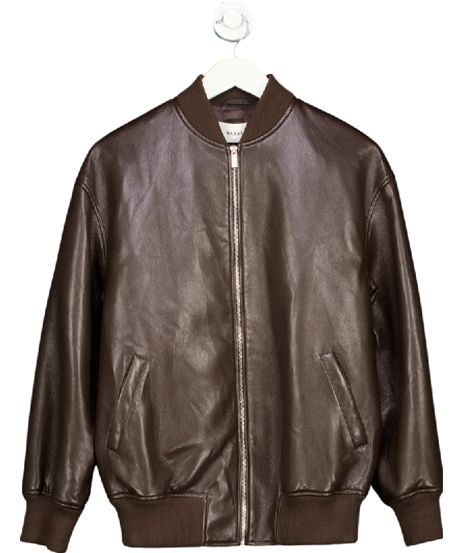 Babaton Brown Avedon Vegan Leather Bomber Jacket UK S Zippered Front Buttoned Front Snap Front Babaton Brown Avedon Vegan Leather Bomber Jacket UK S Zippered Front Buttoned Front Snap Front