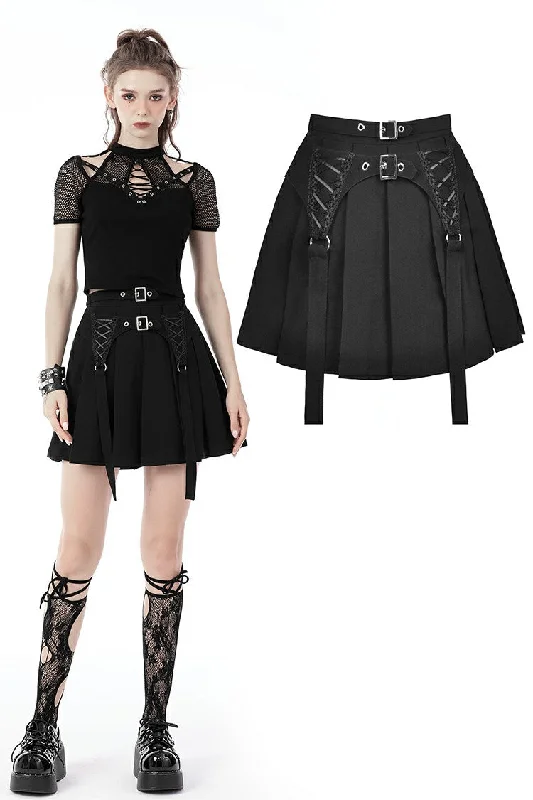 Black punk rock double buckle pleated skirt KW234 lightweight skirt design