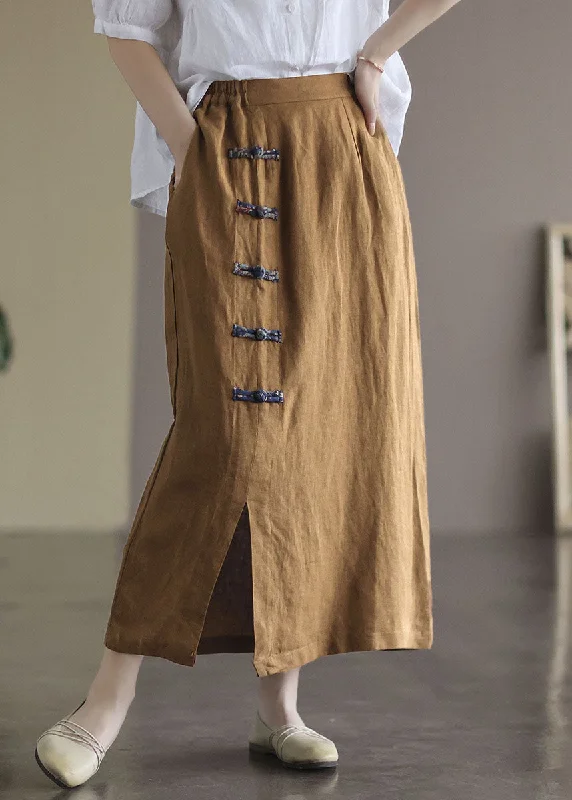 Bohemian Brown Elastic Waist Side Open Linen Skirt Summer silk skirt elegant