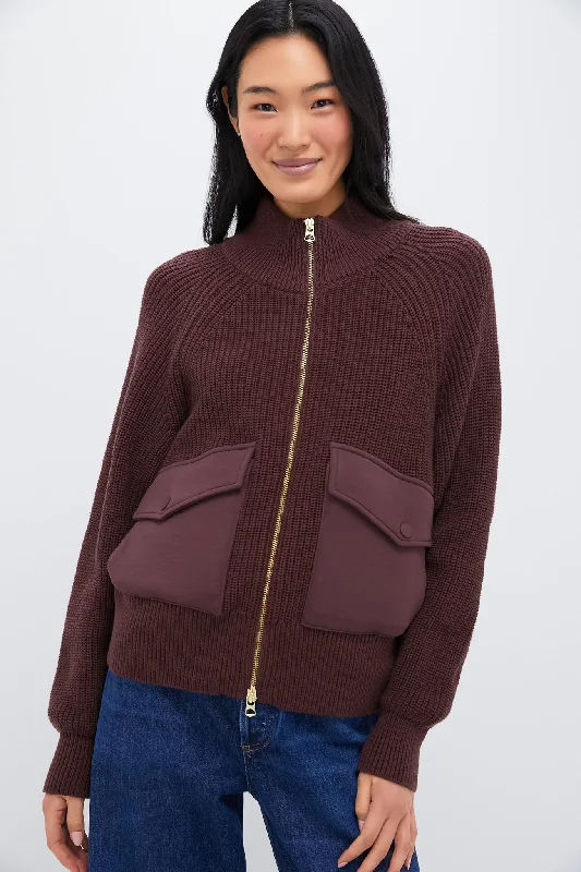 Deep Mahogany Tessa Knit Jacket Stand-Up Collar Roll-Neck Collar Turtle Neck