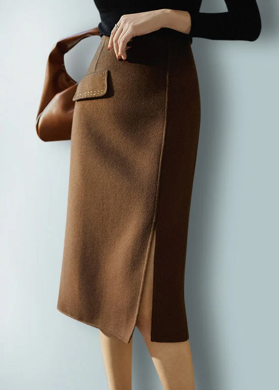 DIY Chocolate Colour Pockets Patchwork Zippered High Waist Woolen Skirt Fall wool skirt thick