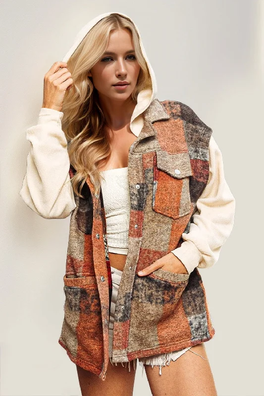 Double Take Contrast Long Sleeve Hooded Plaid Jacket A-Line Jacket Boat Neck Shawl Collar Double Take Contrast Long Sleeve Hooded Plaid Jacket A-Line Jacket Boat Neck Shawl Collar