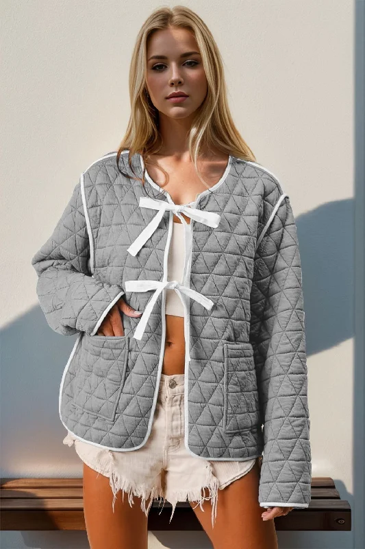 Double Take Contrast Trim Tie Front Quilted Jacket with Pockets Zip Front Button Front Snap Front