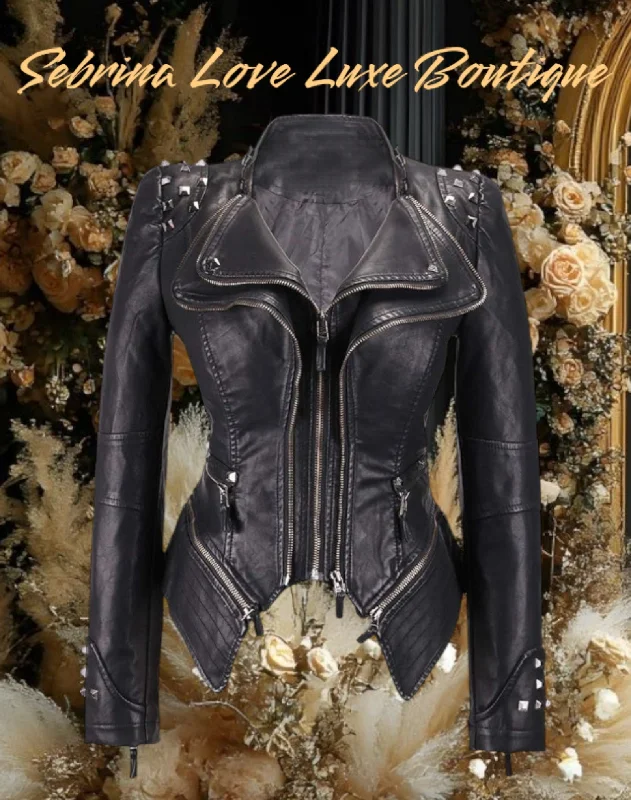 Edgy Black Studded Faux Leather Rocker Biker Jacket Faux Fur Jacket Real Fur Jacket Shearling Jacket Edgy Black Studded Faux Leather Rocker Biker Jacket Faux Fur Jacket Real Fur Jacket Shearling Jacket