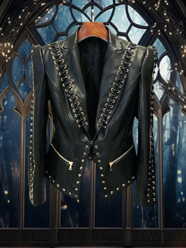 Edgy Black Corset Laced Rocker Biker Jacket Snapped Jacket Toggled Jacket Drawstring Jacket Edgy Black Corset Laced Rocker Biker Jacket Snapped Jacket Toggled Jacket Drawstring Jacket