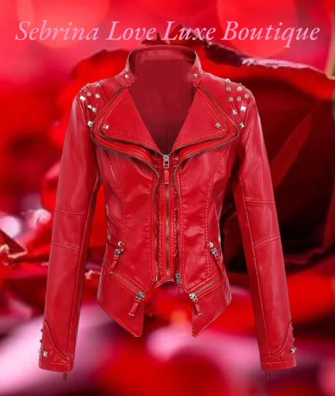 Edgy Red Studded Rocker Biker Jacket Rayon Fabric Velvet Fabric Corduroy Fabric