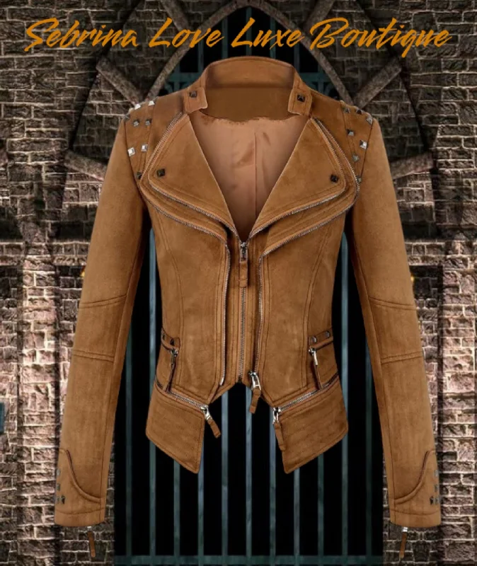 Edgy Walnut Brown Studded Faux Suede Rocker Biker Jacket A-Line Jacket Boat Neck Shawl Collar Edgy Walnut Brown Studded Faux Suede Rocker Biker Jacket A-Line Jacket Boat Neck Shawl Collar