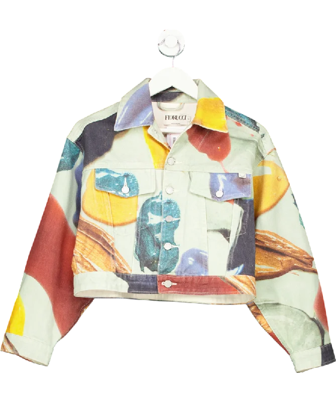 FIORUCCI Multicoloured Paint Print Cropped Denim Jacket UK S Fleece Jacket Down Jacket Feather Jacket FIORUCCI Multicoloured Paint Print Cropped Denim Jacket UK S Fleece Jacket Down Jacket Feather Jacket