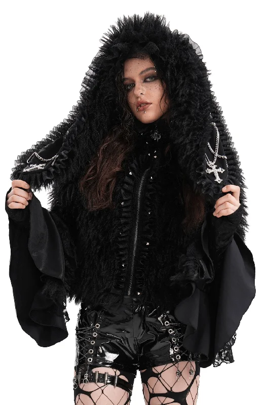 Gothic Black Hooded Jacket with Lace and Fur Details Mesh Jacket Canvas Jacket Denim Jacket Gothic Black Hooded Jacket with Lace and Fur Details Mesh Jacket Canvas Jacket Denim Jacket