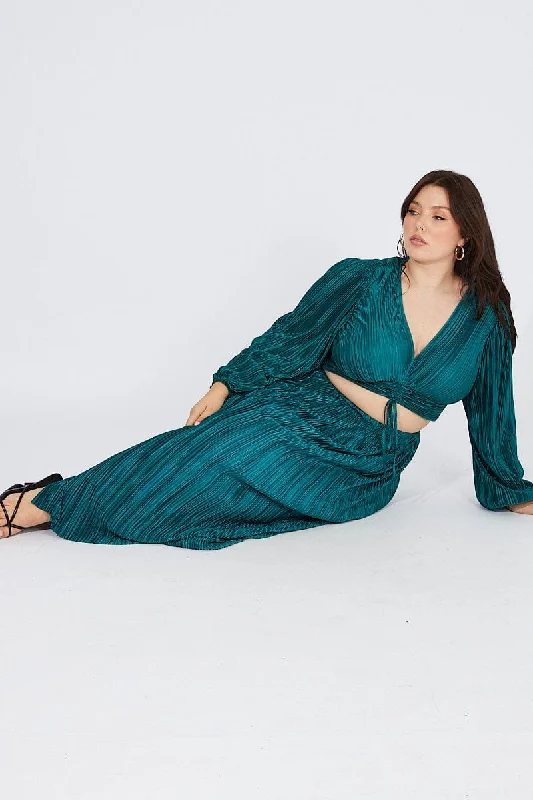 Green Midi Skirt Side Split Plisse velvet skirt luxury