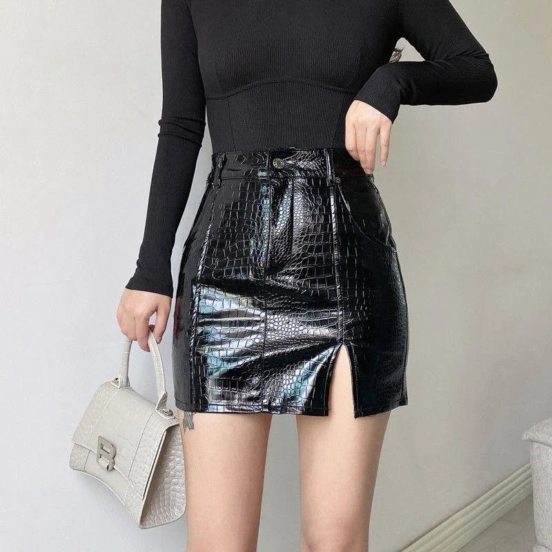 Hot Girl Black Leather Short Wrap Hip Skirt Bottom patchwork skirt art