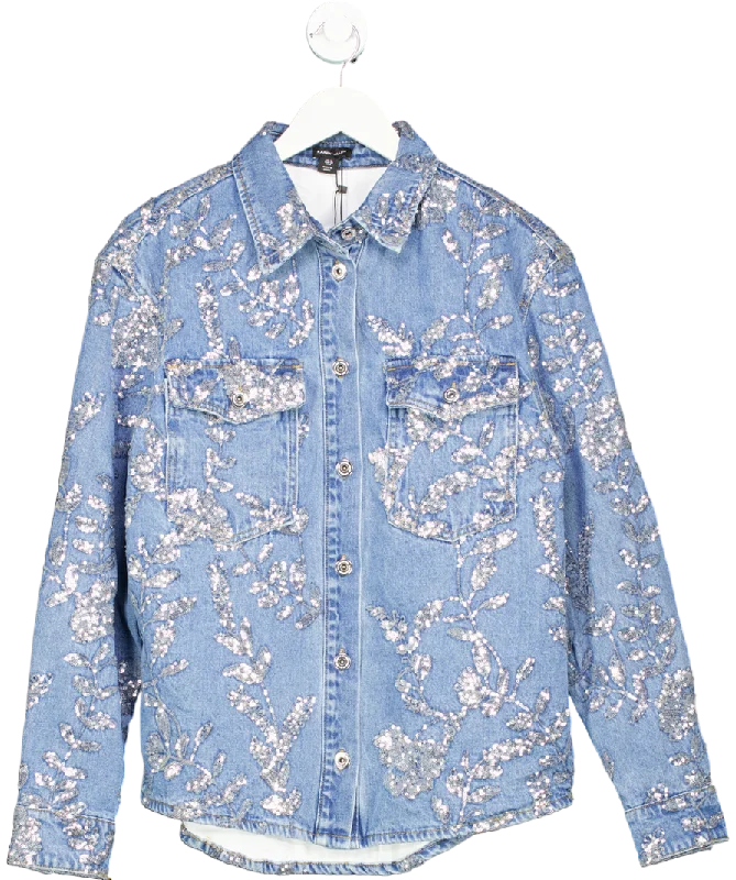 Karen Millen Blue Denim All Over Floral Sequin Jacket UK 10 Anorak Shell Jacket Lightweight Jacket Karen Millen Blue Denim All Over Floral Sequin Jacket UK 10 Anorak Shell Jacket Lightweight Jacket