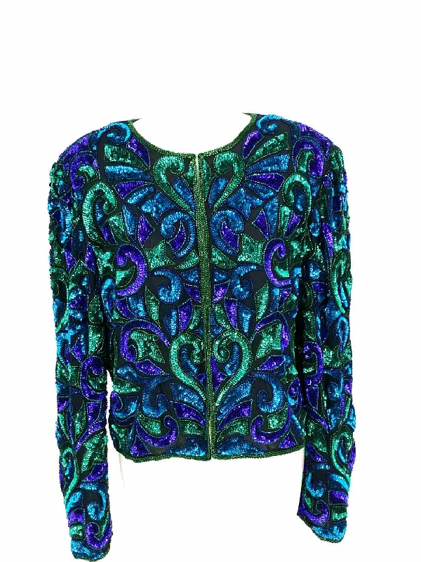Laurence Kazar Women's Green/Blue Evening Silk Sequined Size L Jacket Denim Jacket Leather Jacket Suede Jacket Laurence Kazar Women's Green/Blue Evening Silk Sequined Size L Jacket Denim Jacket Leather Jacket Suede Jacket