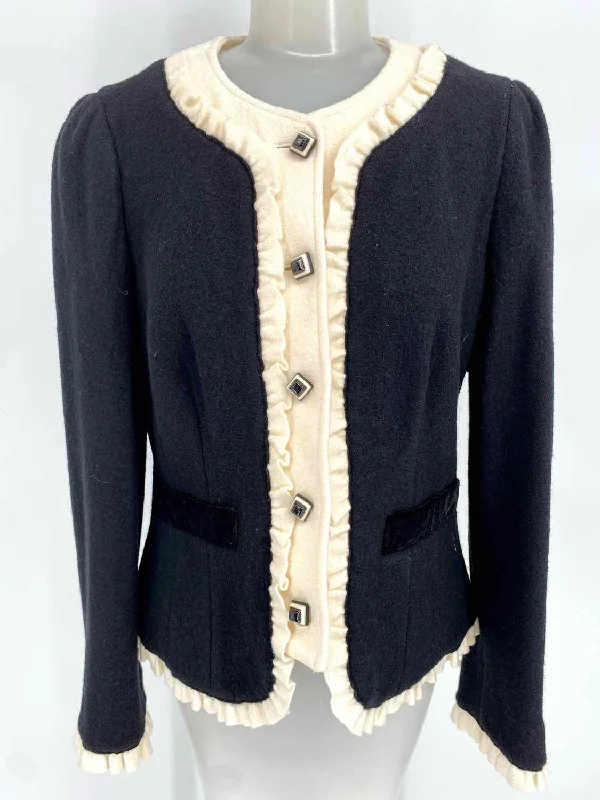 Luisa Spagnoli Women's Black/Ivory Button Down Wool Ruffled Size 44/S Jacket Striped Jacket Polka Dot Jacket Floral Jacket Luisa Spagnoli Women's Black/Ivory Button Down Wool Ruffled Size 44/S Jacket Striped Jacket Polka Dot Jacket Floral Jacket