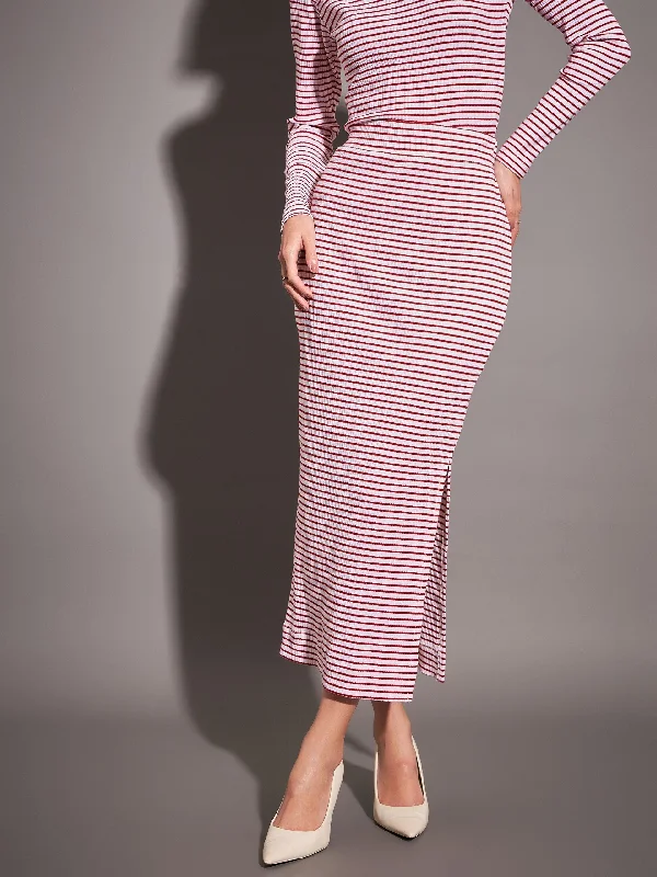 Lyush Women Red & White Striped Rib Pencil Skirt wool skirt sturdy