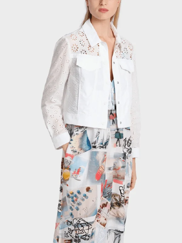 Marc Cain Sports White Cotton Jacket With Eyelet Embroidery WS 31.29 W35 COL 100 Wool Fabric Cashmere Fabric Tweed Fabric Marc Cain Sports White Cotton Jacket With Eyelet Embroidery WS 31.29 W35 COL 100 Wool Fabric Cashmere Fabric Tweed Fabric