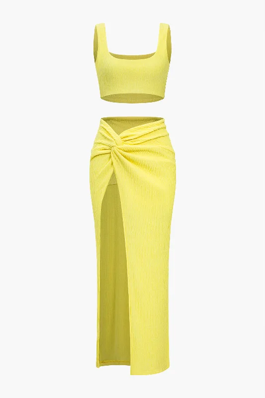 Solid Crop Tank Top And Slit Twist Knot Skirt Set summer skirt style
