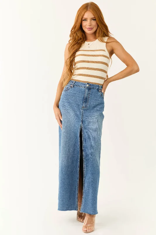Medium Wash Denim Front Slit Maxi Skirt corduroy skirt cozy