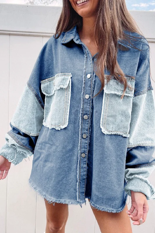 Raw Hem Color Block Denim Jacket Ribbed Jacket Pleated Jacket Ruffled Jacket