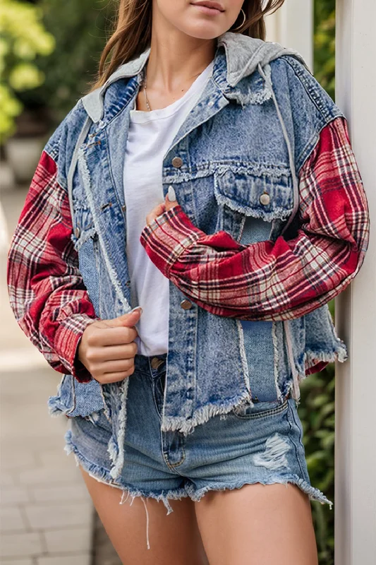 Raw Hem Drawstring Plaid Denim Jacket Oversized Jacket Tailored Jacket Straight Jacket Raw Hem Drawstring Plaid Denim Jacket Oversized Jacket Tailored Jacket Straight Jacket