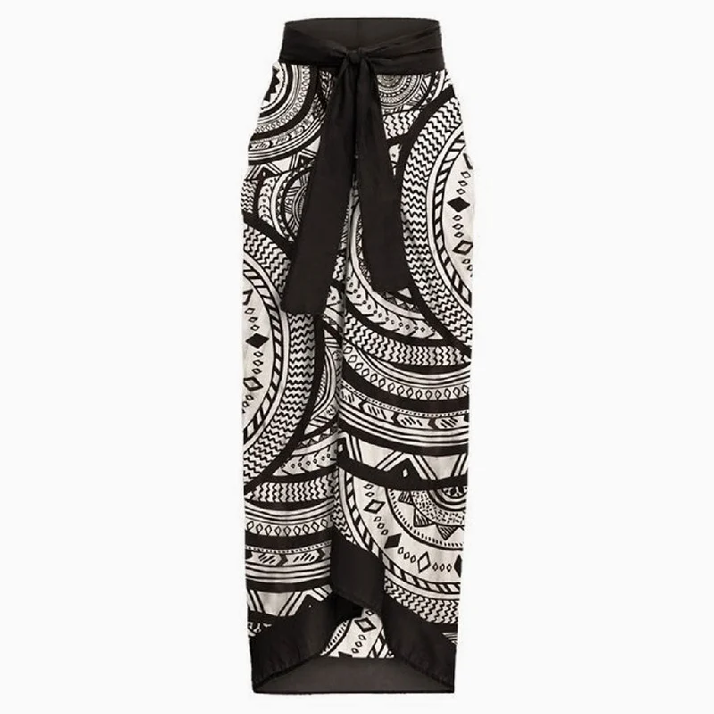 Retro Contrast Geometric Print High Waist Tie Knot Maxi Cover Up Sarong lightweight skirt design