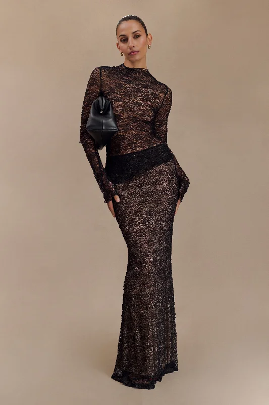 Robyn Sheer Lace Maxi Skirt - Black floral skirt print