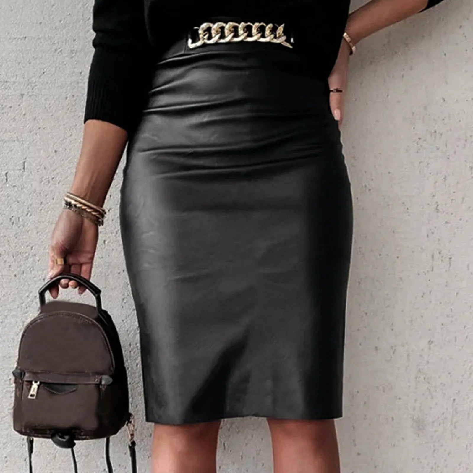 Sexy Package Hip Pu Leather Knee-Length Skirt Bottom for Women lace skirt intricate