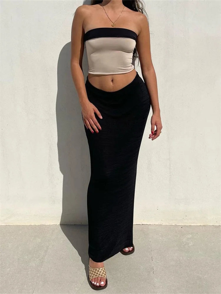JuliaFashion - Sexy Strapless Off Shoulder Tops High Waist Side Split Skirts Suits high waist skirt